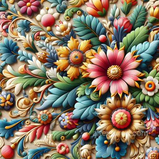 Colorful Embroidered Floral Fabric Seamless Texture with Intricate Leaves and Petals seamless Embroidered floral PBR texture