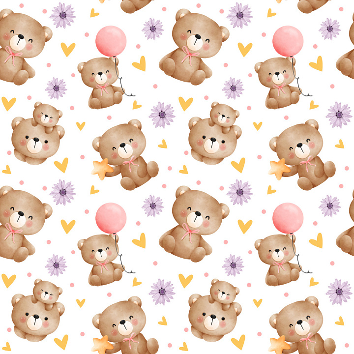 Pattern with Cute Bear Motifs and Playful Floral & Heart Elements seamless PBR texture preview