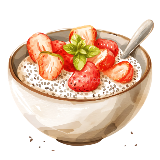 Breakfast Chia Seed Pudding with Fresh Strawberries and Mint Illustration