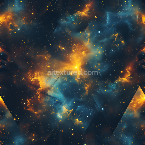 Seamless 3D Space PBR Texture Featuring Golden Nebula Clouds and Blue Cosmic Gas