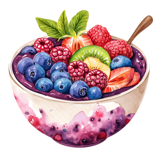 Watercolor Acai Berry Bowl Breakfast Graphic with Berries and Kiwi
