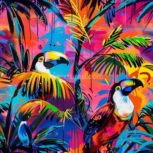 Seamless 3D PBR Texture Featuring Vibrant Tropical Toucan Graffiti Mural