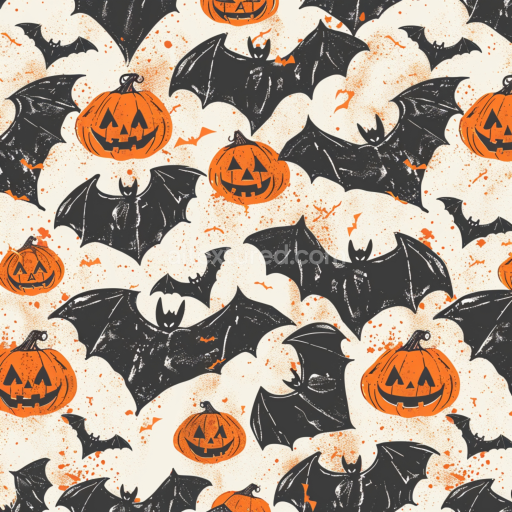 Seamless 3D PBR Vintage Halloween Texture Featuring Pumpkin and Bat Pattern