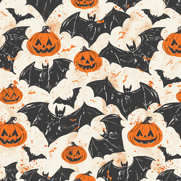 Vintage Halloween Pumpkins and Bats Pattern seamless PBR texture preview