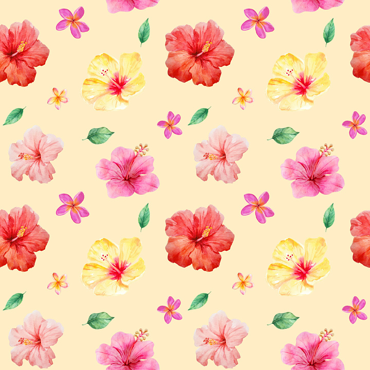 Pattern Featuring Watercolor Hibiscus and Plumeria Flowers on Soft Back… seamless PBR texture preview