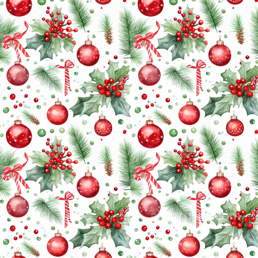 Watercolor Christmas Texture with Holly, Pine, and Ornaments seamless Watercolor Christmas PBR texture