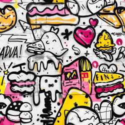 seamless Seamless 3D PBR texture of vibrant cartoon-style graffiti with pink, yellow, and black ink texture 8k free download PBR
