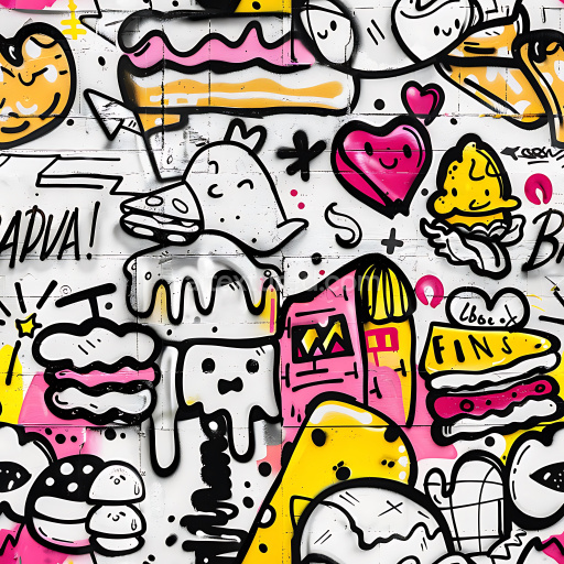 Seamless 3D PBR texture of vibrant cartoon-style graffiti with pink, yellow, and black ink
