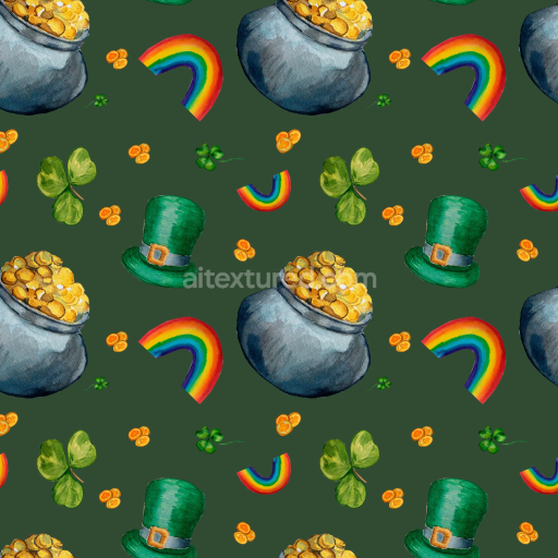 Seamless 3D PBR Texture with St Patrick Symbols - Coins, Hat, Clover & Rainbow