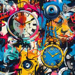 seamless Seamless 3D PBR texture of vibrant urban graffiti with colorful clocks and faces texture 8k free download PBR