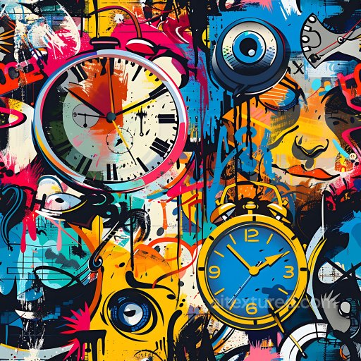 Seamless 3D PBR texture of vibrant urban graffiti with colorful clocks and faces texture preview