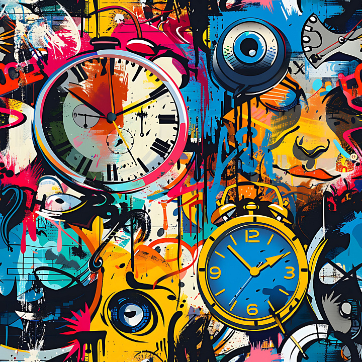 Of Vibrant Urban Graffiti With Colorful Clocks And Faces seamless PBR texture preview