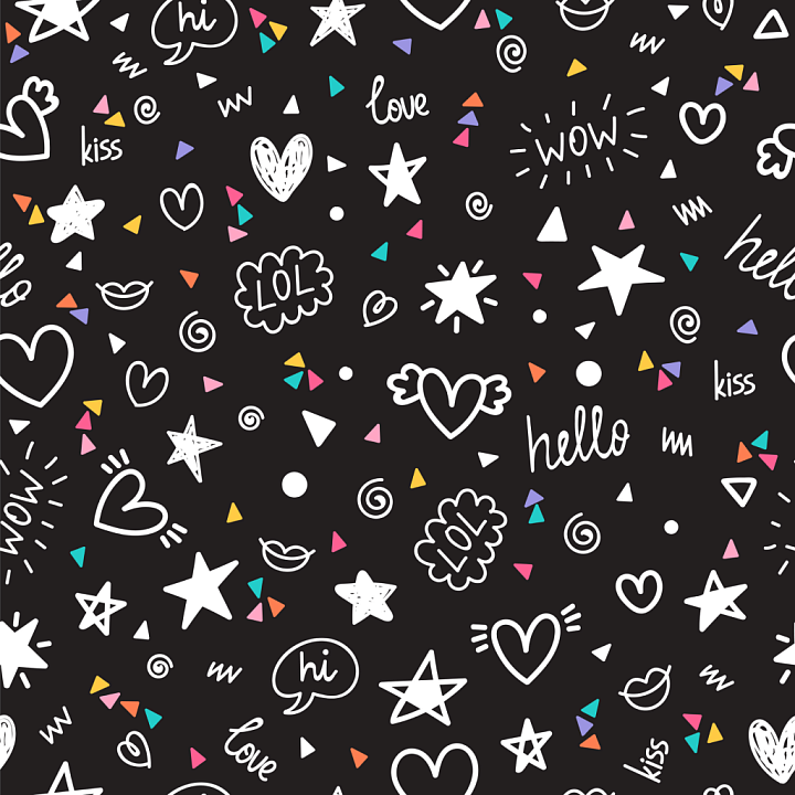 with Playful White Doodles on Black Background seamless PBR texture preview