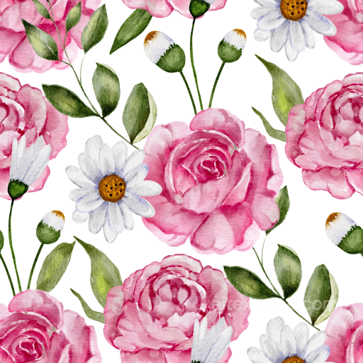 with Soft Pink Watercolor Flowers and Green Leaves seamless Pink Flower PBR texture