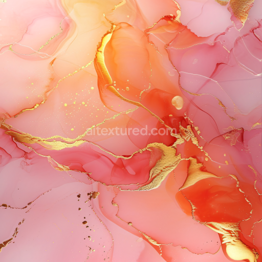 Seamless 3D Alcohol Ink PBR Texture with Warm Coral Hues and Gold Veining