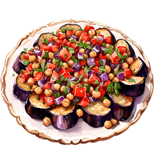 Breakfast Eggplant and Chickpea Salsa Plate Watercolor Illustration