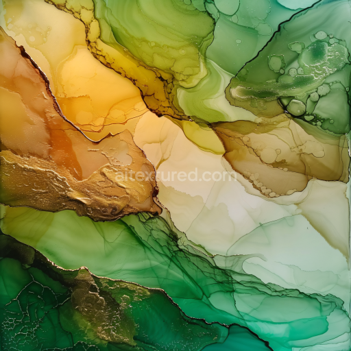 Seamless 3D Alcohol Ink PBR Texture Featuring Green and Gold Fluid Marbling