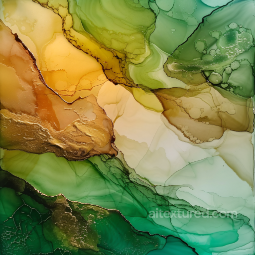 Alcohol Ink PBR Texture Featuring Green and Gold Fluid Marbling seamless Alcohol ink PBR texture