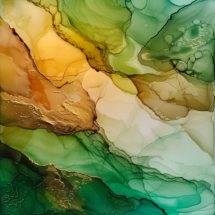 Alcohol Ink Featuring Green and Gold Fluid Marbling seamless PBR texture preview