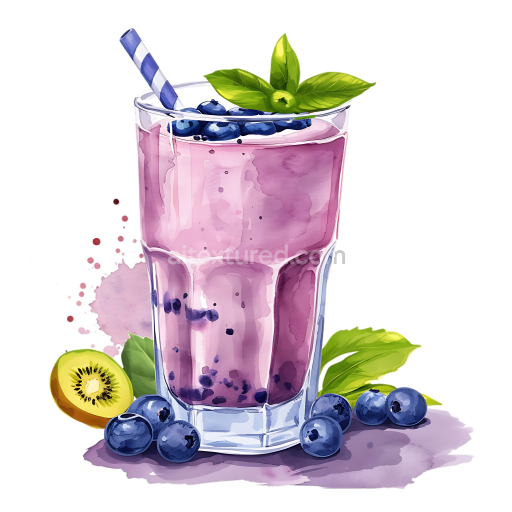 Breakfast Blueberry Yogurt Smoothie Illustration with Fresh Fruit and Mint