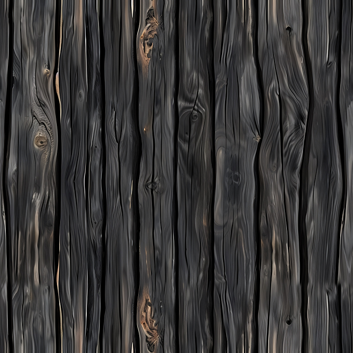 Charred Wood Planks with Dark Burnt Grain & Knots seamless PBR texture preview