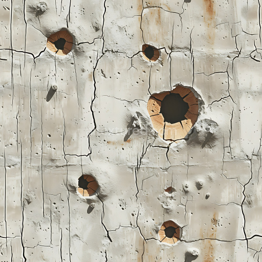 Seamless 3D PBR cracked plaster texture featuring large wood-filled holes and fine fractures