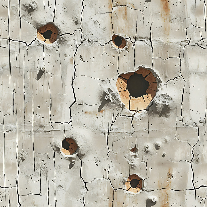 Cracked Plaster Featuring Large Wood-Filled Holes And Fine Fractures seamless PBR texture preview