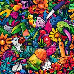 seamless Seamless 3D PBR Texture Featuring Vibrant Colorful Urban Graffiti with Flowers and Abstract Objects texture 8k free download PBR