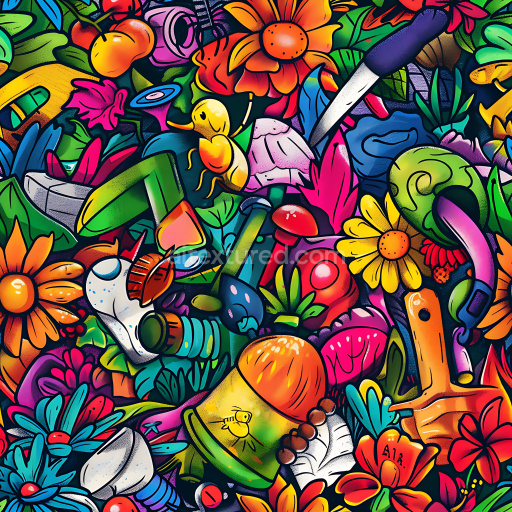 Seamless 3D PBR Texture Featuring Vibrant Colorful Urban Graffiti with Flowers and Abstract Objects
