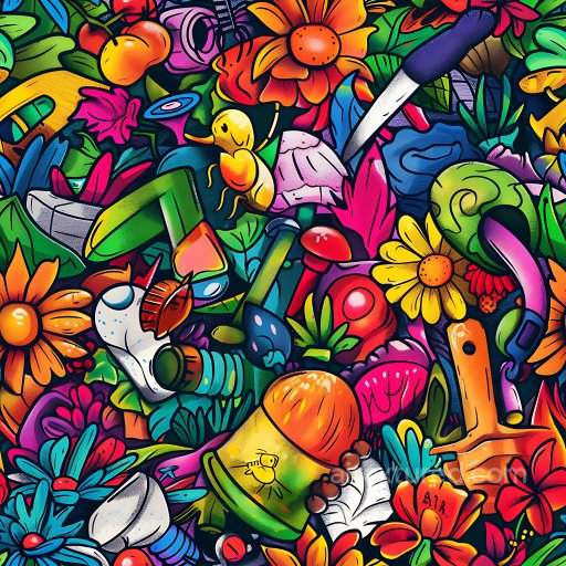 Seamless 3D PBR Texture Featuring Vibrant Colorful Urban Graffiti with Flowers and Abstra… texture preview