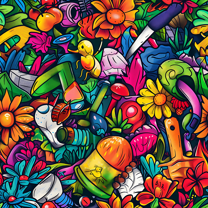 Featuring Vibrant Colorful Urban Graffiti with Flowers and Abstract Obj… seamless PBR texture preview