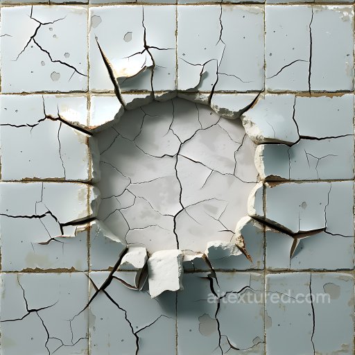 Cracked & Holes PBR Texture of White Ceramic Tile Wall with Structural Damage seamless Cracked & Holes PBR texture
