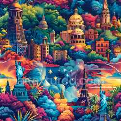 seamless Seamless 3D PBR Graffiti Texture Featuring Vibrant Colorful Cityscape with Iconic Landmarks texture 8k free download PBR