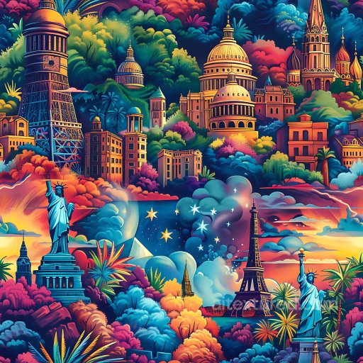 Seamless 3D PBR Graffiti Texture Featuring Vibrant Colorful Cityscape with Iconic Landmar… texture preview