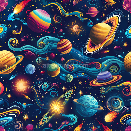 Seamless 3D Cartoon Space PBR Texture with Colorful Planets and Cosmic Swirls