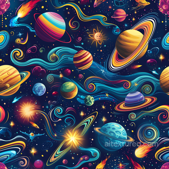 Cartoon Space PBR Texture with Colorful Planets and Cosmic Swirls Star, space, planets texture preview