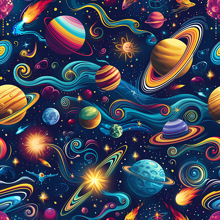 Cartoon Space with Colorful Planets and Cosmic Swirls seamless PBR texture preview
