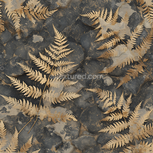 Preview — Seamless 3D PBR Fossil Stone Texture Featuring Detailed Leaf Imprints on Dark Rock Surface