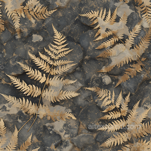 Fossil Stone Texture Featuring Detailed Leaf Imprints on Dark Rock Surface seamless Stone PBR texture