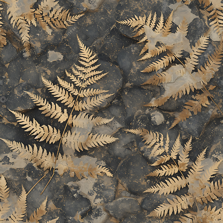 Fossil Stone Featuring Detailed Leaf Imprints on Dark Rock Surface seamless PBR texture preview