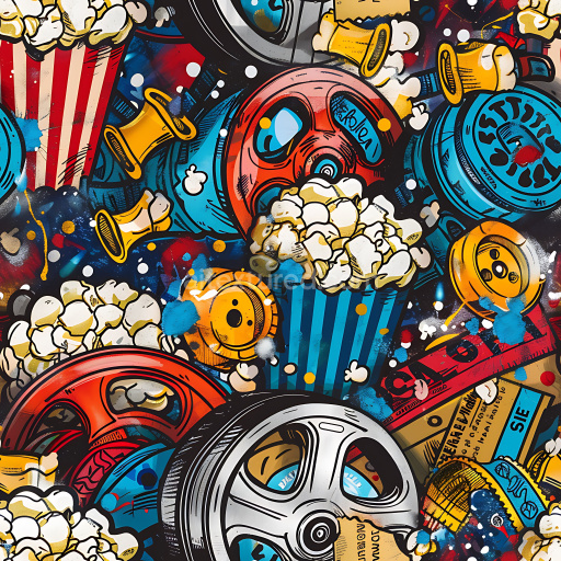 Seamless 3D PBR Texture Featuring Vibrant Popcorn and Spray Can Graffiti Art