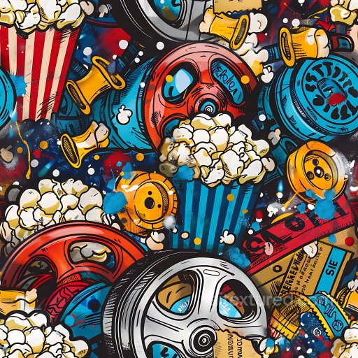 Seamless 3D PBR Texture Featuring Vibrant Popcorn and Spray Can Graffiti Art texture preview