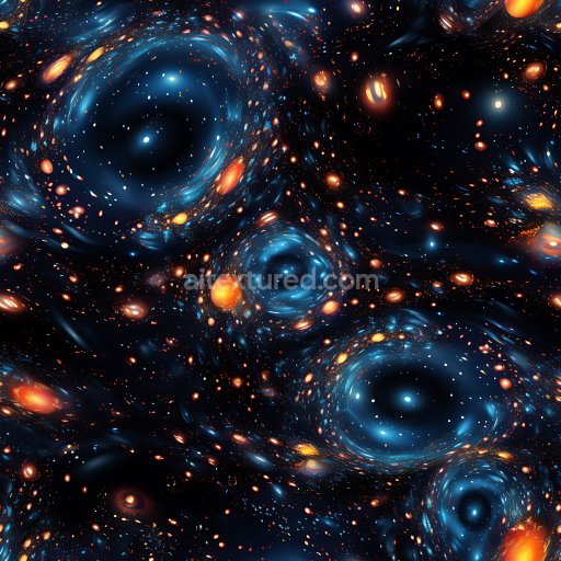 Seamless 3D Space PBR Texture Featuring Swirling Cosmic Vortexes and Glowing Galaxy Clouds