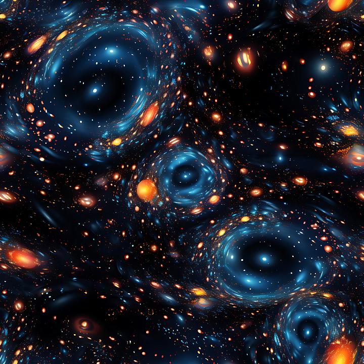 Space Featuring Swirling Cosmic Vortexes and Glowing Galaxy Clouds seamless PBR texture preview