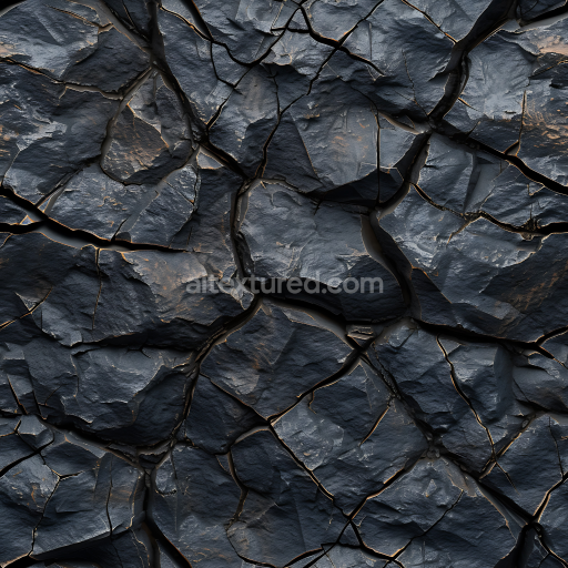 Seamless 3D Cracked Black Stone Ground PBR Texture with Rough, Layered Rock Surfaces