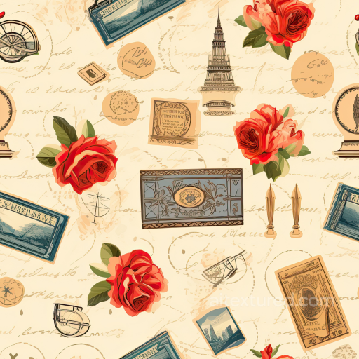 Flower Texture of Vintage Floral Pattern with Red Roses and Antique Elements seamless Flower PBR texture