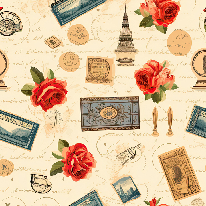 Flower of Vintage Floral Pattern with Red Roses and Antique Elements seamless PBR texture preview