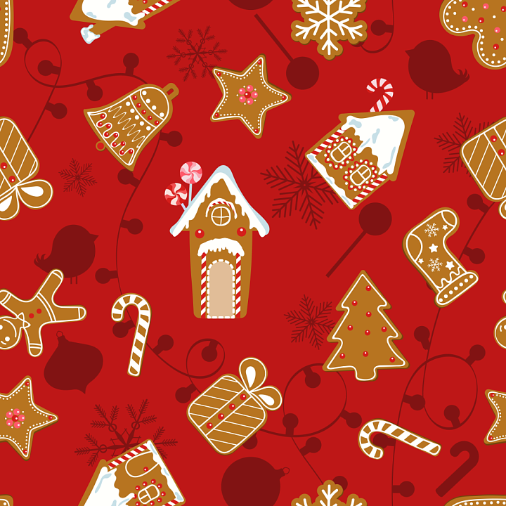 All Christmas Digital paper of Festive Gingerbread Cookies on Red Backg… seamless PBR texture preview