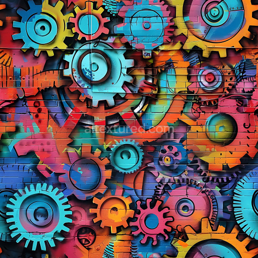 Seamless 3D PBR texture of vibrant graffiti gears on brick wall