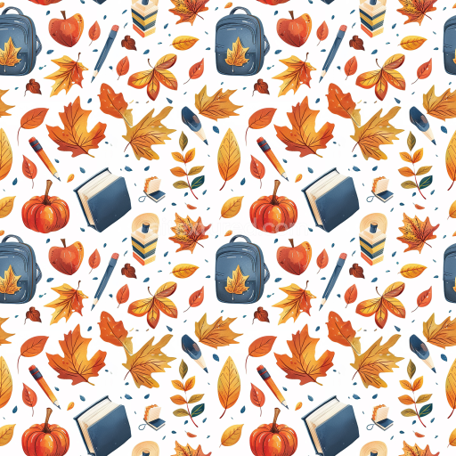 Seamless 3D PBR Texture Featuring Autumn Leaves and School Supplies Pattern